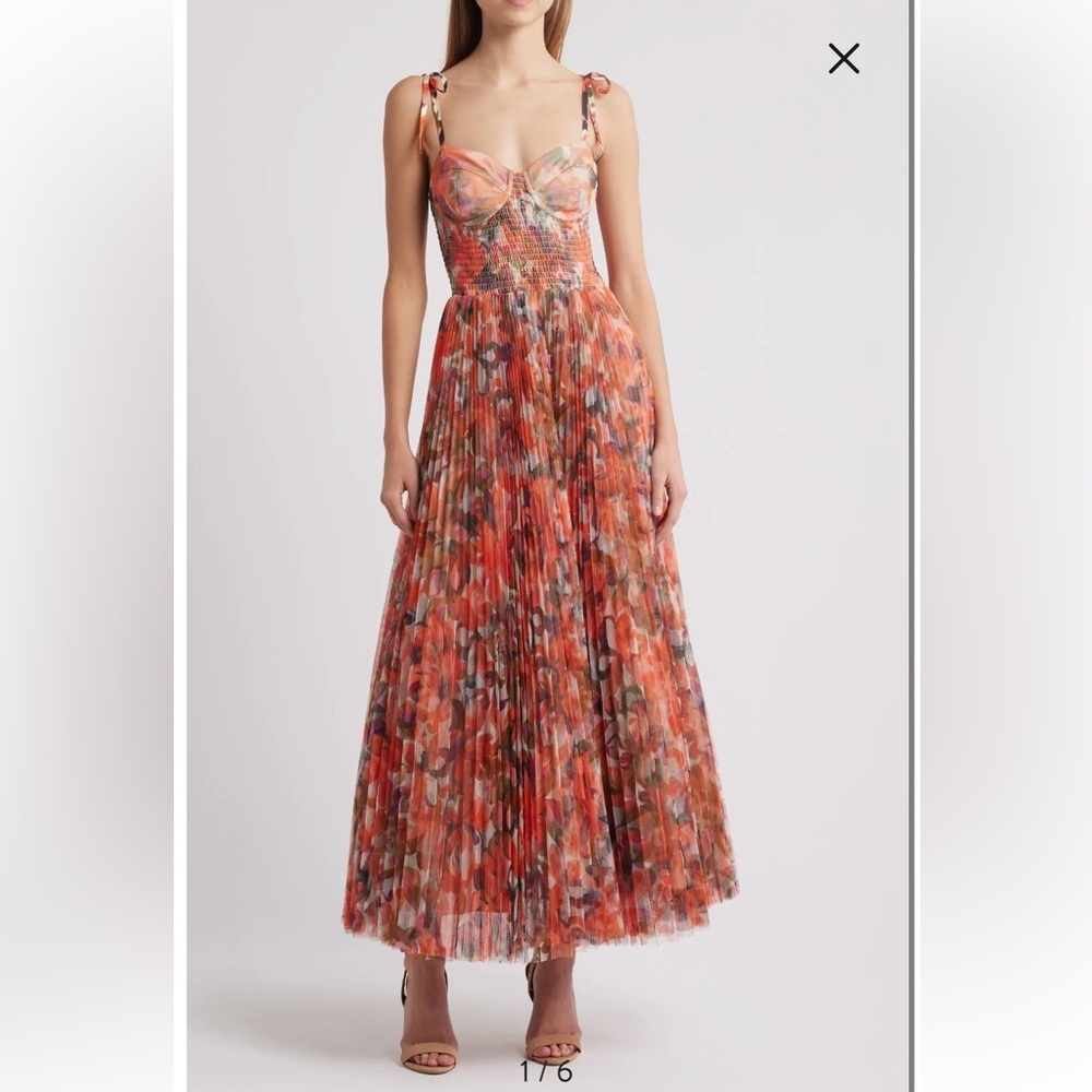 new Hutch Brianna pleated tie strap bustier gown in Orange Painted Lush Tropical